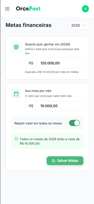 Financial goals screen from OrçaFast